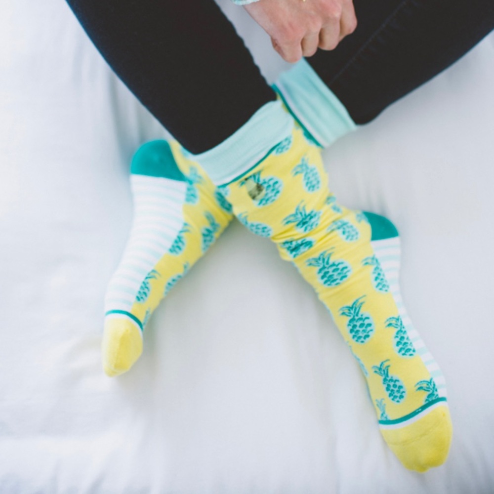 Woven Pear Yellow Teal Pineapple Stripe Socks